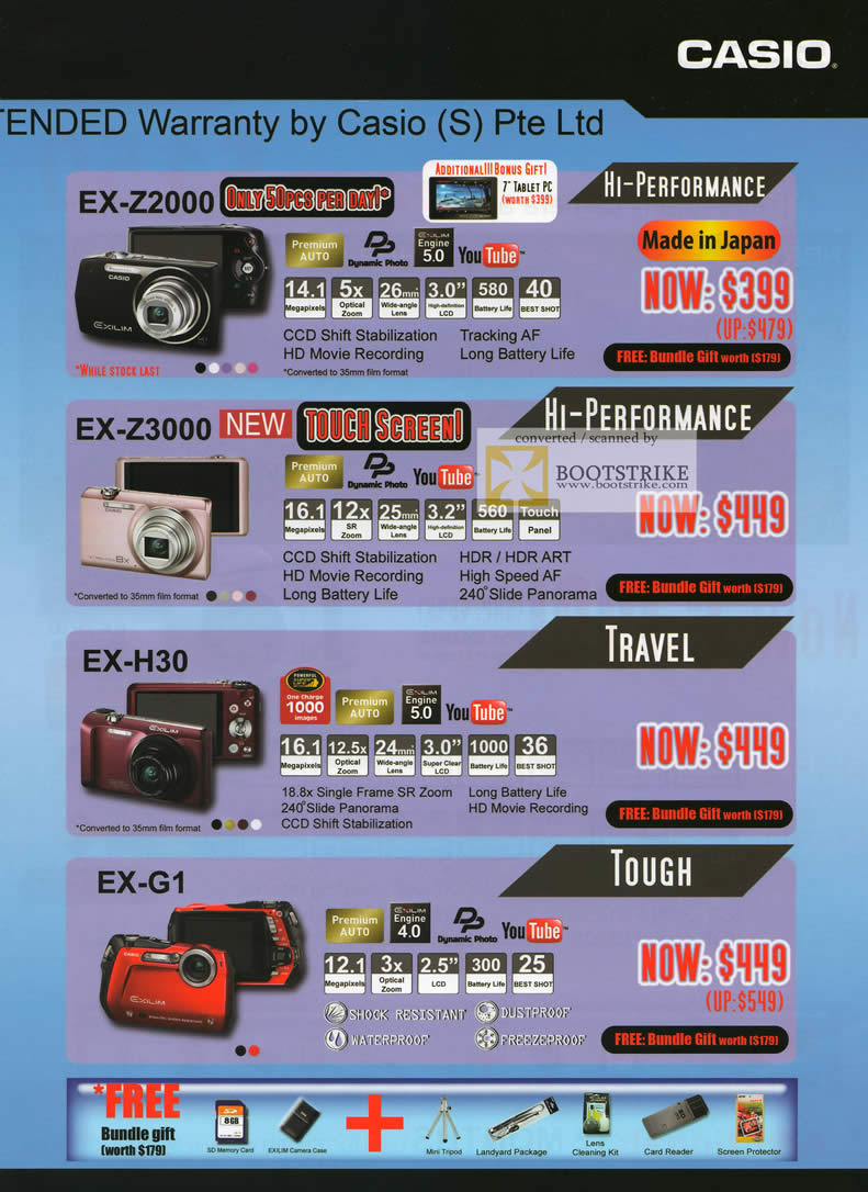 COMEX 2011 price list image brochure of Casio Digital Cameras EX-Z2000 EX-Z3000 EX-H30 EX-G1