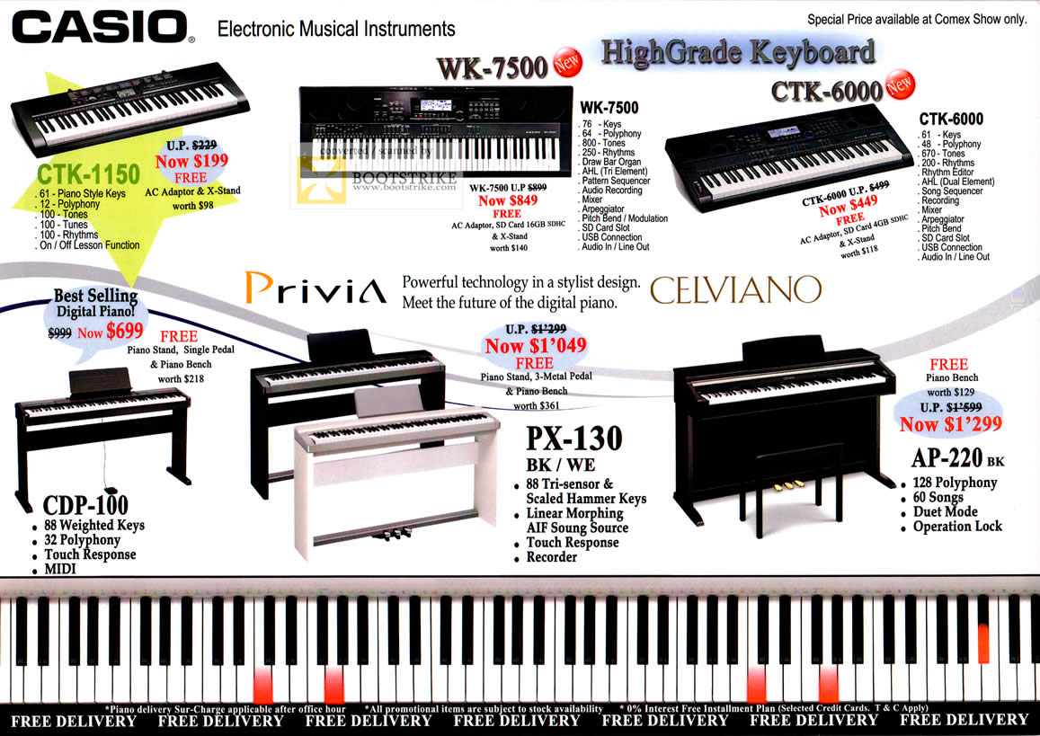 COMEX 2011 price list image brochure of Casio Electronic Musical Instruments CTK-1150 WK-7500 CTK-6000 CDP-100 PX-130 AP-220 BK WE Keyboard