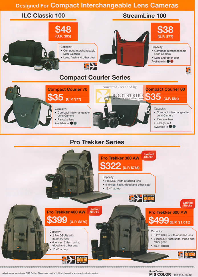 COMEX 2011 price list image brochure of Cathay Photo Lowepro Bags ILC Classic 100 StreamLine Compact Courier 70 80 Pro Trekker 300 AW 400 600