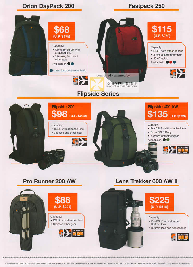 COMEX 2011 price list image brochure of Cathay Photo Lowepro Bags Orin DayPack Fastpack 250 Flipside 200 400 AW Pro Runner 200 AW Lens Trekker 600 AW II