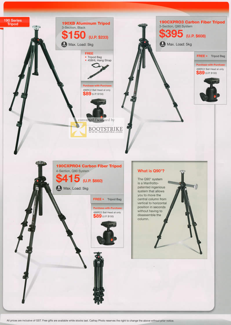 COMEX 2011 price list image brochure of Cathay Photo Manfrotto 190 Series Tripod 190XB Alumunium 190CXPRO3 190CXPRO4 Q90