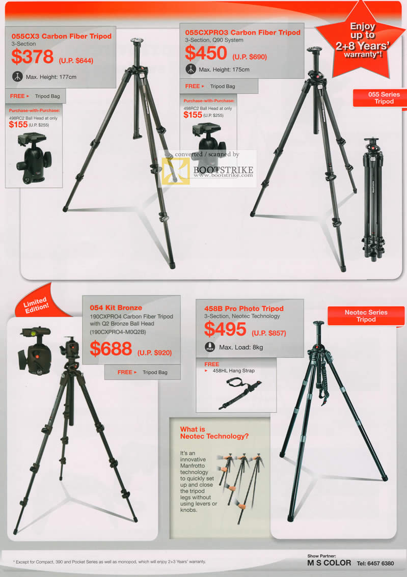 COMEX 2011 price list image brochure of Cathay Photo Manfrotto Carbon Fiber Tripod 055CX3 055CXPRO3 190CXPRO4 458B Neotec