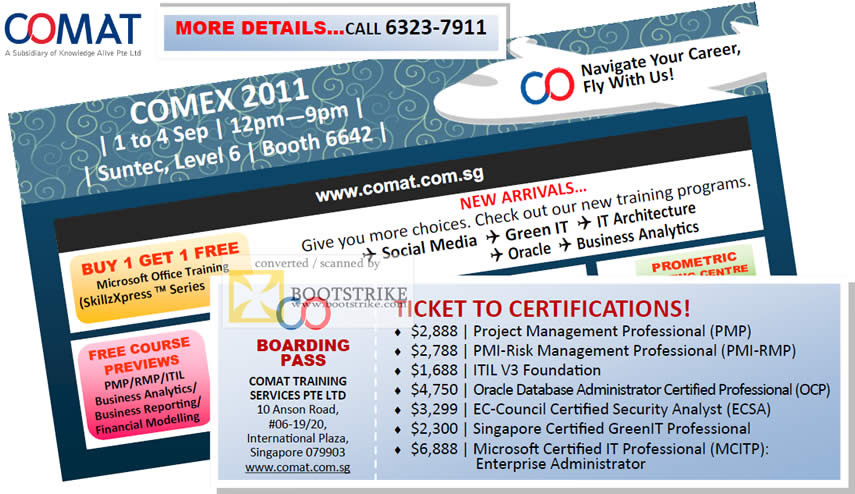 COMEX 2011 price list image brochure of Comat Project Management Professional PMP PMI-RISK ITIL V3 Foundation Oracle Database OCP EC-Council Security Analyst ECSA ECSA GreenIT Microsoft IT Enterprise MCITP