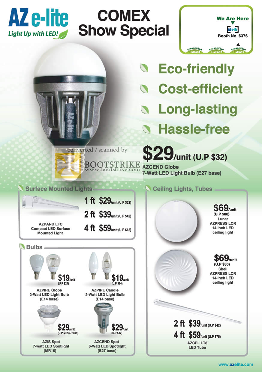 COMEX 2011 price list image brochure of Convergent AZ E-Lite LED Light Bulbs Azcend Globe Azpand LFC Azpire Candle Spot Spotlight Lunar Azpress LCR Shell