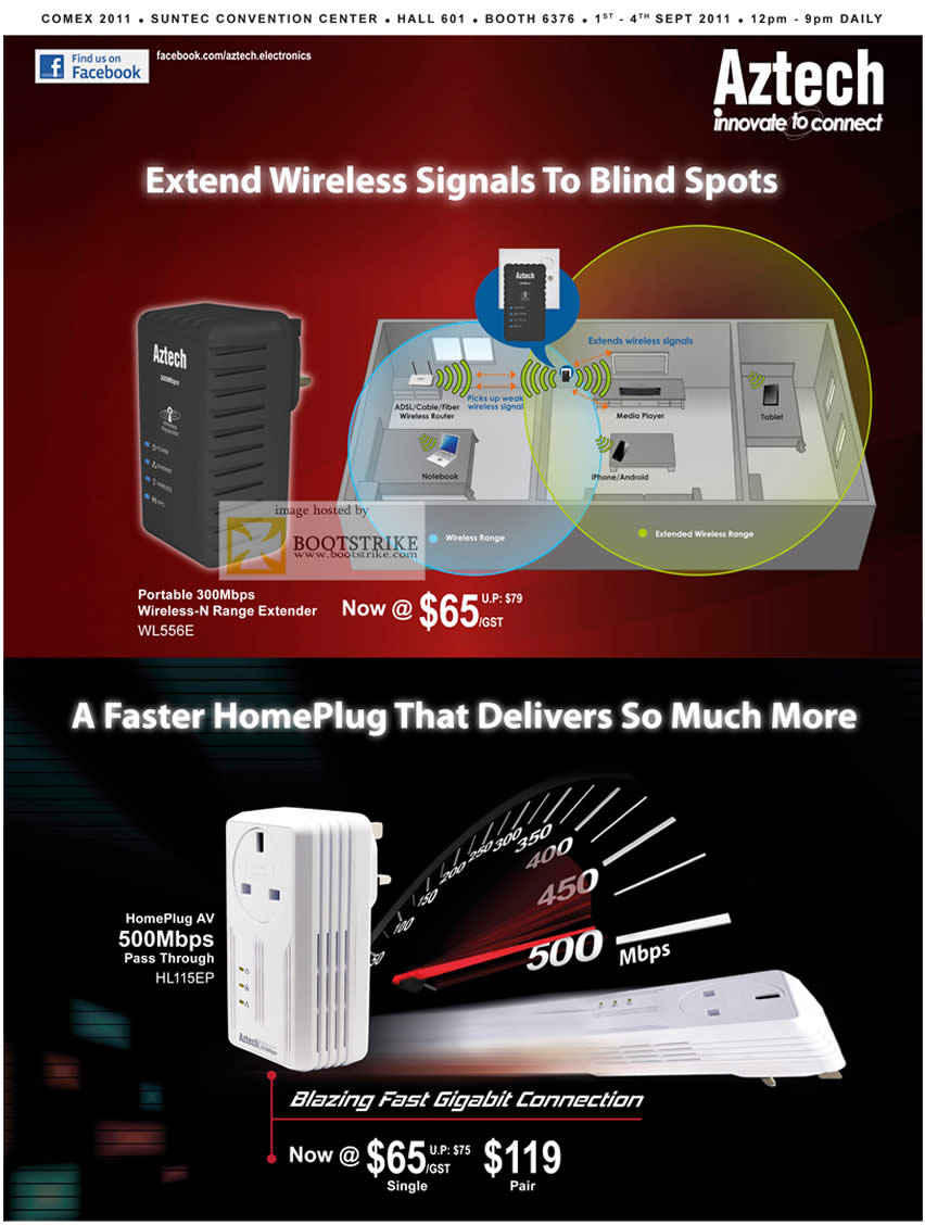 COMEX 2011 price list image brochure of Convergent Aztech WL556E HomePlug 300Mbps Wireless N Range Extender AV 500Mbps Pass Through HL115EP