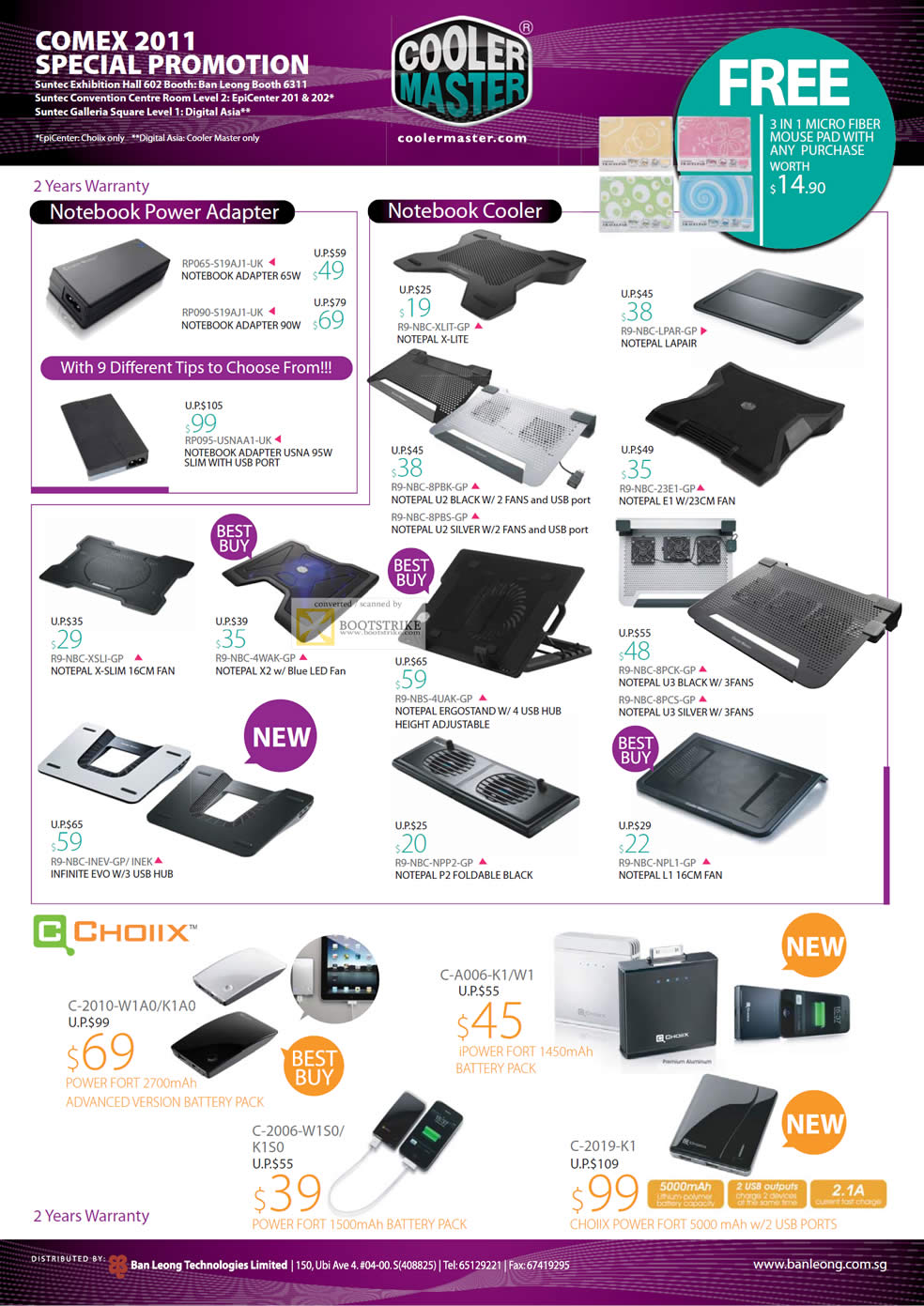 COMEX 2011 price list image brochure of Cooler Master Notebook Power Adapter Cooler Notepal Ergostand U3 E1 X-Lite U2 X2 X-Slim Choiix Power Fort Battery Pack IPower