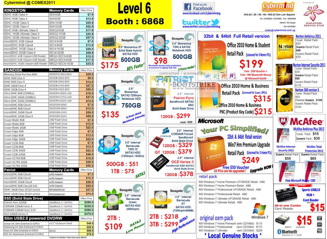 COMEX 2011 price list image brochure of Cybermind Memory SDHC Sandisk Kingston Cruzer SSD Patriot USB Flash Drive Microsoft Office McAfee Norton