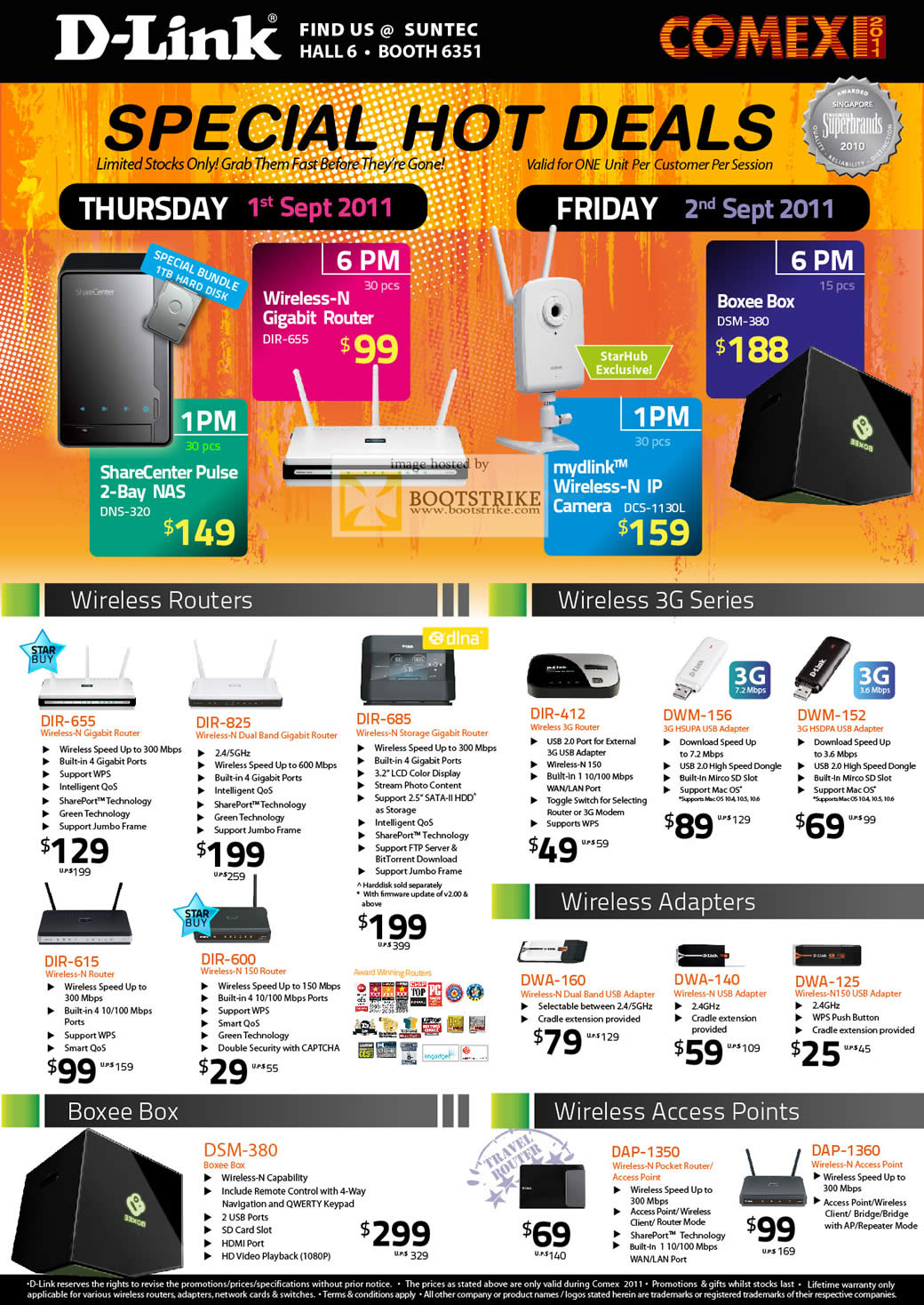 COMEX 2011 price list image brochure of D-Link Networking Router ShareCenter Pulse Boxee Box Mydlink IPCam USB Adapter DIR 655 825 685 412 615 700 DWM 156 152 DWA 160 140 125 DSM 380 DAP 1350 1360