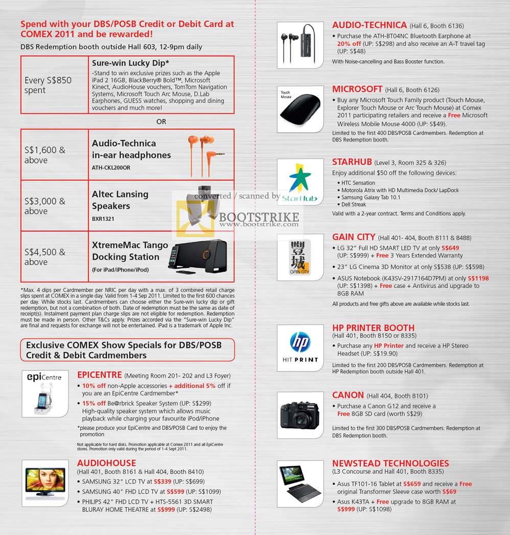 COMEX 2011 price list image brochure of DBS Redemption Sure Win Lucky Dip Rewards Epicentre Audio House Newstead Canon HP Gain City Microsoft Audio Technica