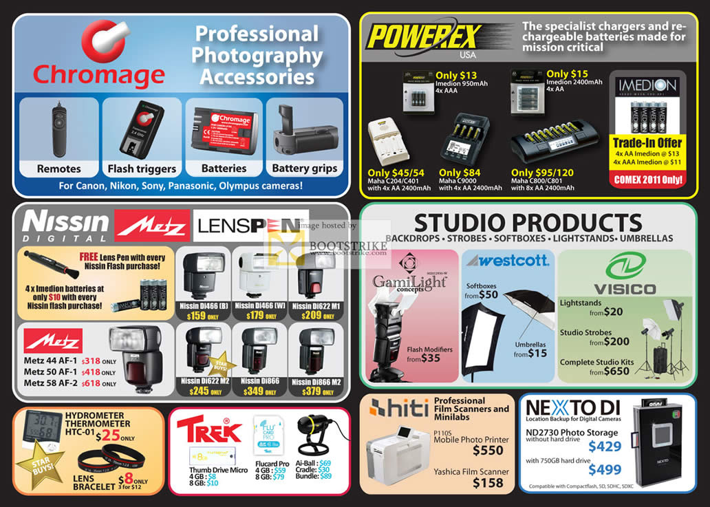 COMEX 2011 price list image brochure of Eastgear Red Dot Photo Chromage Powerex Battery Imedion Nissin Digital Metz Lenspen Flash Trek Drive Visico GamiLight Westcott Hiti Scanner Nexto Di External Storage