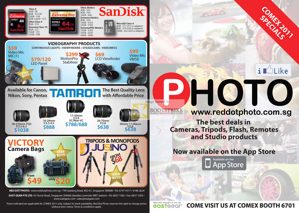 COMEX 2011 price list image brochure of Eastgear Red Dot Photo Tripod Flash Remote Sandisk Extreme Pro Memory Card Tamron Jusino Monopod Victory Bags Lens Mic