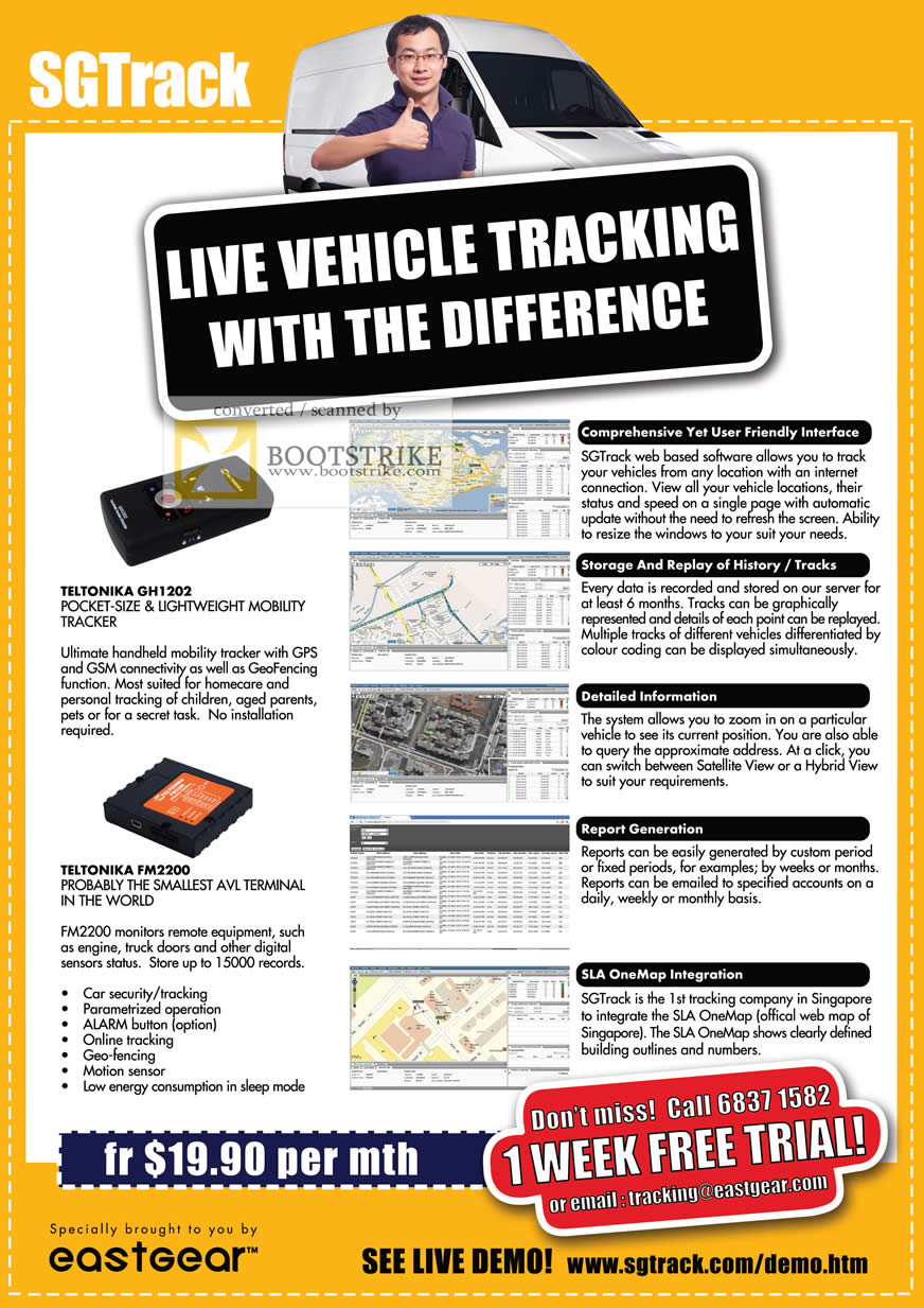 COMEX 2011 price list image brochure of Eastgear SGTrack Live Vehicle Tracking Teltonika GH1202 Tracker FM2200 AVI Terminal