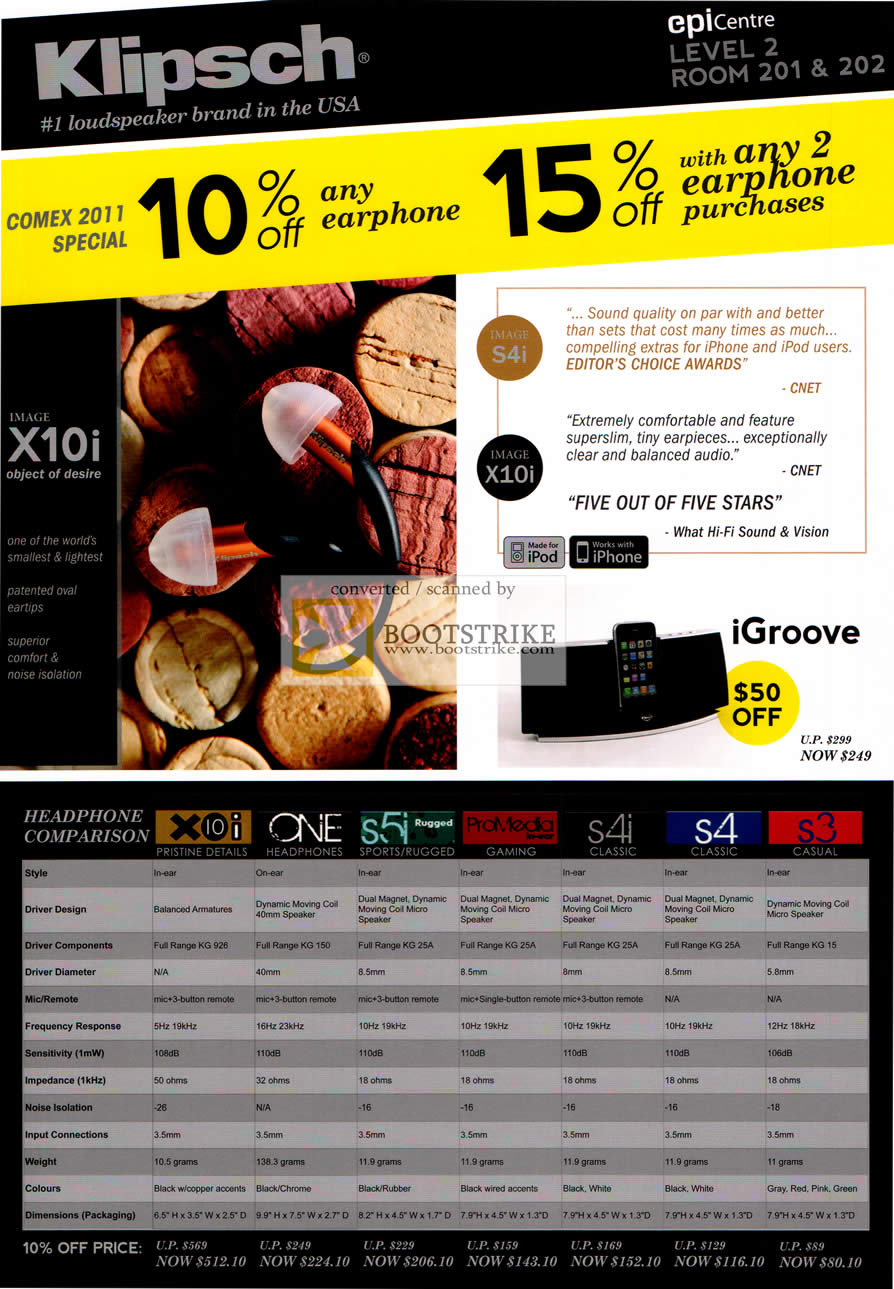 COMEX 2011 price list image brochure of EpiCentre Klipsch Headphones X10i One S5i Rugged Earphones ProMedia In Ear S4i S4 S3 IGroove