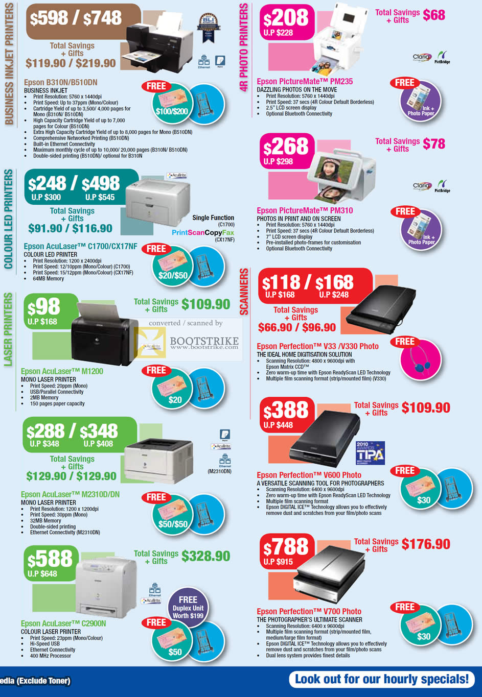 COMEX 2011 price list image brochure of Epson Printers Business Inkjet B310N B510DN PictureMate PM235 PM310 Colour LED AcuLaser C1700 CX17NF M2310D DN Scanner Perfection V600 C2900N V700