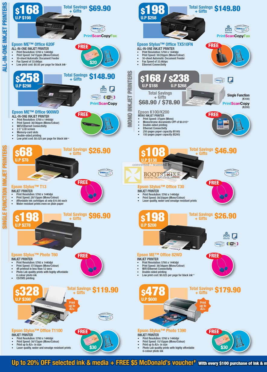 COMEX 2011 price list image brochure of Epson Printers Inkjet ME Office 620F TX510FN 900WD K100 K200 Stylus T13 T30 Photo T60 82WD T1100 1390