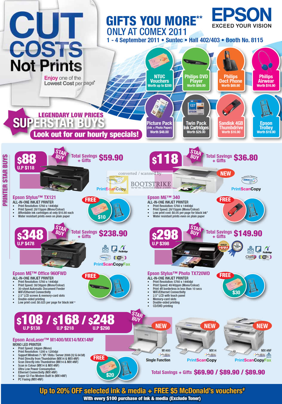 COMEX 2011 price list image brochure of Epson Printers Inkjet Stylus TX121 ME 340 Office 960WD Photo TX720WD AcuLaser M1400 MX12 MX14NF LED