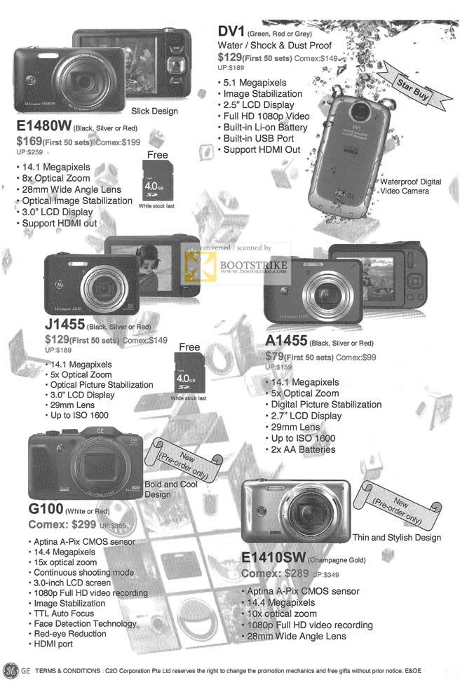 COMEX 2011 price list image brochure of GE Digital Cameras E1480W DV1 J1455 A1455 G100 E1410SW