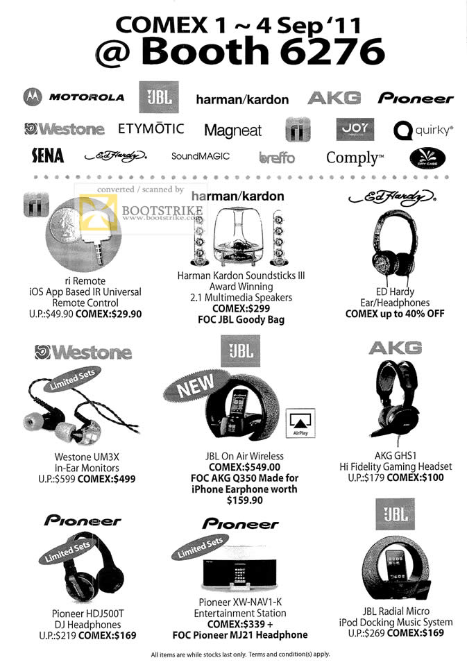 COMEX 2011 price list image brochure of IMS Marketing RI Remote Harman Kardon Soundsticks III ED Hardy Westone UM3X Earphones JBL On Air Aireless AKG GHS1 Pioneer HDJ500T PXW-NAV1-K JBL Radial Micro IPod Dock