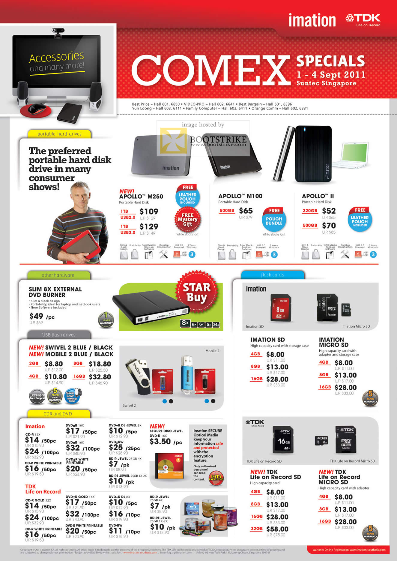 COMEX 2011 price list image brochure of Imation External Storage Apollo M250 M1100 II Flash Drive USB Swivel 2 Mobile Memory Card SD MicroSD CDR DVD TDK Life