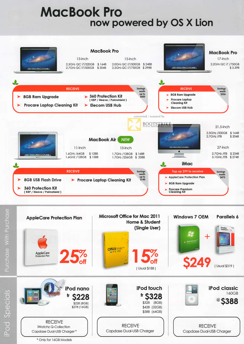 COMEX 2011 price list image brochure of Infiniti Apple Notebooks MacBook Pro Air AppleCare Microsoft Office 2011 Windows 7 OEM Parallels 6 IPod Nano Touch Classic