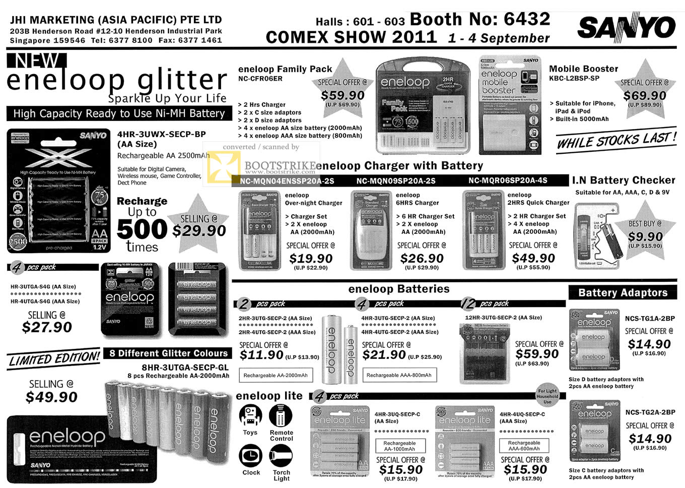 COMEX 2011 price list image brochure of JHI Sanyo Eneloop Glitter Battery Charger Adapter Checker Lite Ni-MH