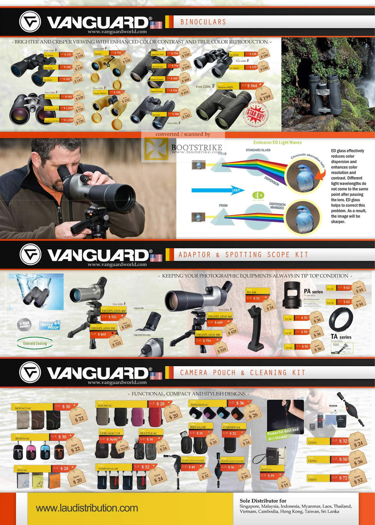 COMEX 2011 price list image brochure of Lau Intl Vanguard Binoculars Endeavor ED Glass Adaptor Spotting Scope Kit Camera Pouch Cleaning Kit