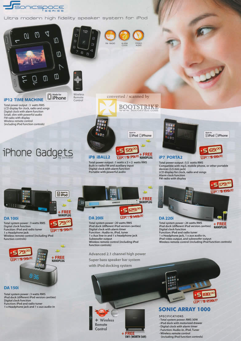 COMEX 2011 price list image brochure of Leap Frog SonicGear Sonicspace IPhone IPod Speaker IP12 Time Machine IP8 IBall2 Porta2 DA 100i 150i 200i Sonic Array 1000