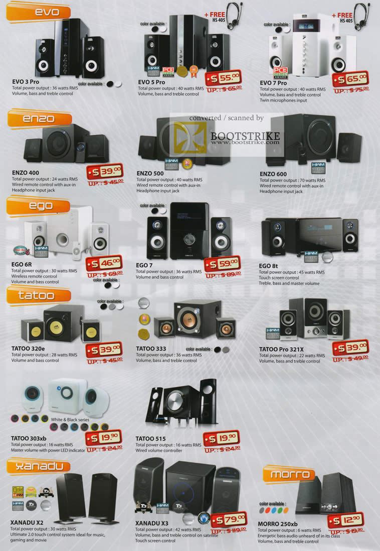 COMEX 2011 price list image brochure of Leap Frog SonicGear Speakers Evo 3 Pro 5 7 Enzo 400 500 600 Ego 6R 7 8T Tatoo 320e 333 Pro 321X 303xb 515 Xanadu X2 X3 Morro 250xb