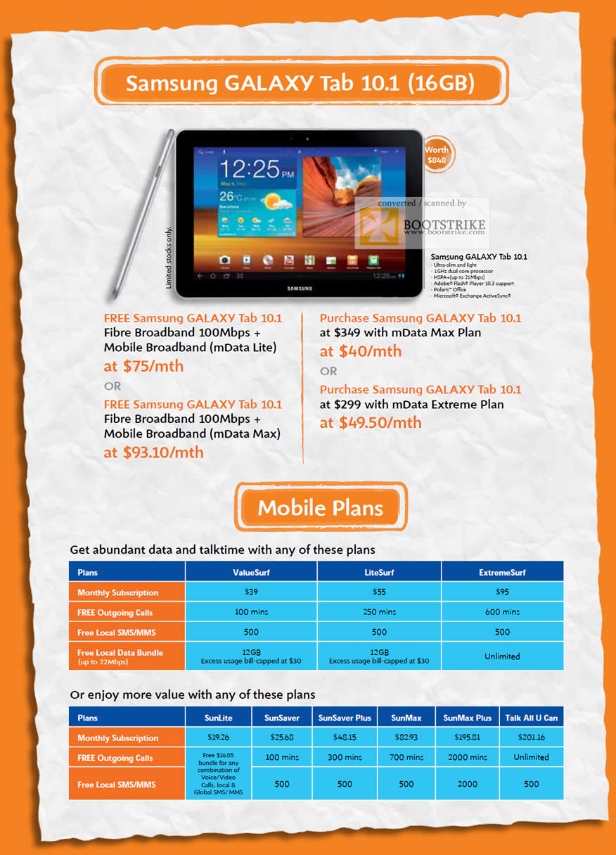 COMEX 2011 price list image brochure of M1 Fibre Broadband Mobile MData Lite Samsung Galaxy Tab 10.1 MData Max Extreme Mobile Plans ValueSurf LiteSurf ExtremeSurf SunLite SunSaver Plus SunMax Tall All U Can