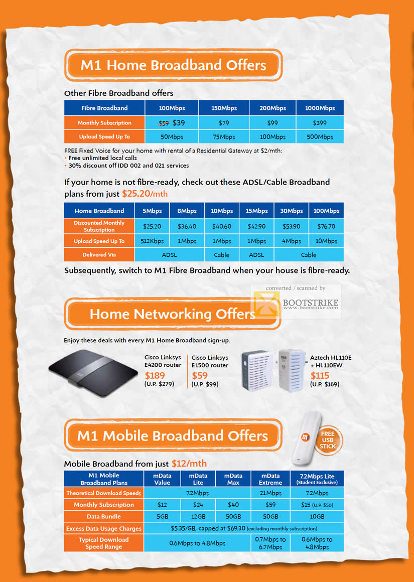 COMEX 2011 price list image brochure of M1 Fibre Broadband Plans 100Mbps 150Mbps 200Mbps 1000Mbps ADSL Cable Cisco Linksys E4200 E1500 Aztech HL110E HL110EW MData Value Lite Max Extreme