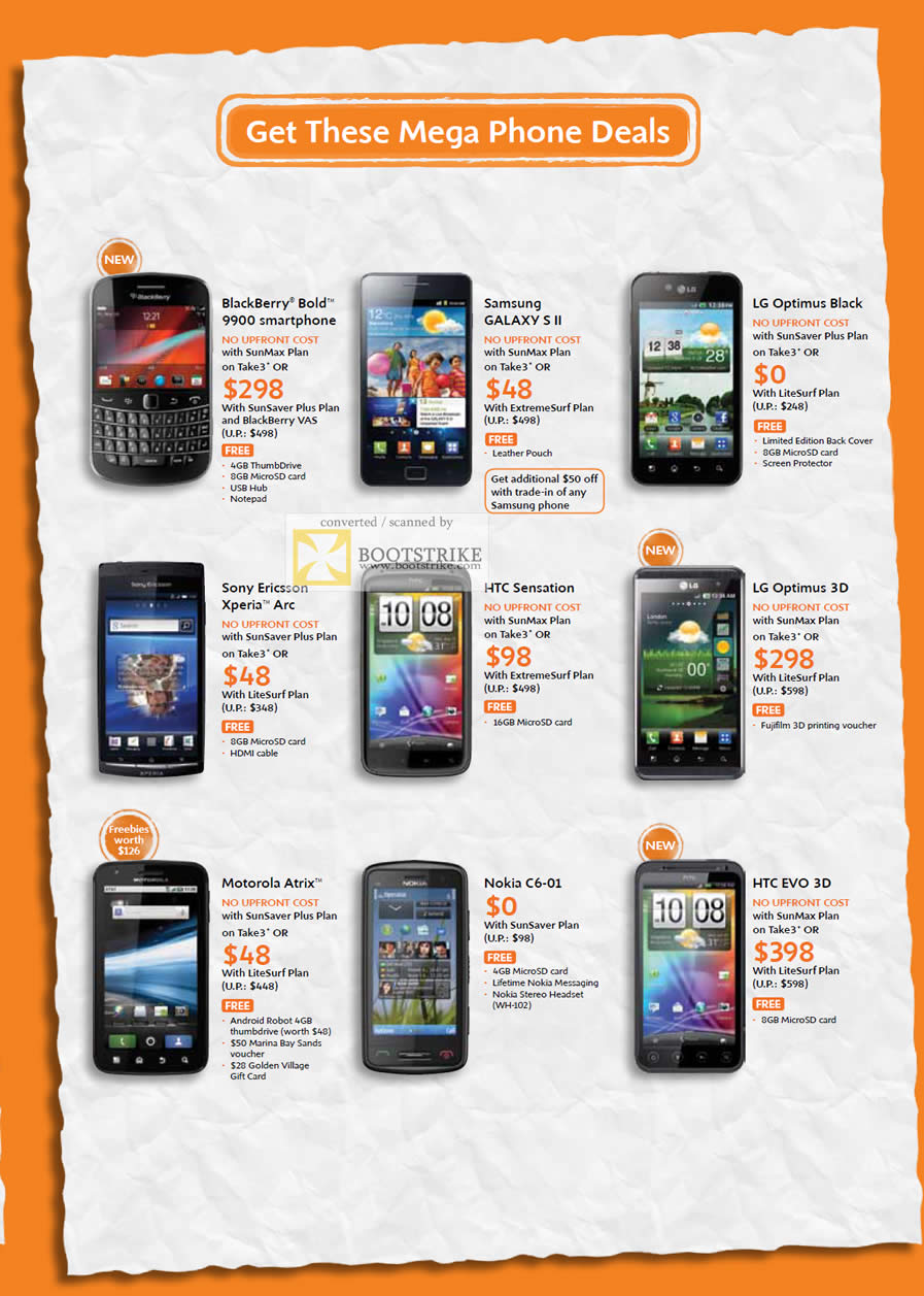 COMEX 2011 price list image brochure of M1 Phones BlackBerry Bold 9900, Samsung Galaxy S II, LG Optimus Black, Sony Ericsson Xperia Arc, HTC Sensation, LG Optimus 3D, Motorola Atrix, Nokia C6-01, EVO 3D