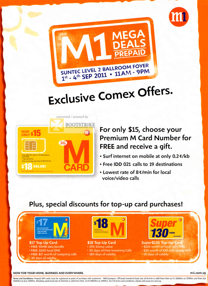 COMEX 2011 price list image brochure of M1 Prepaid M Card Number Top Up Card