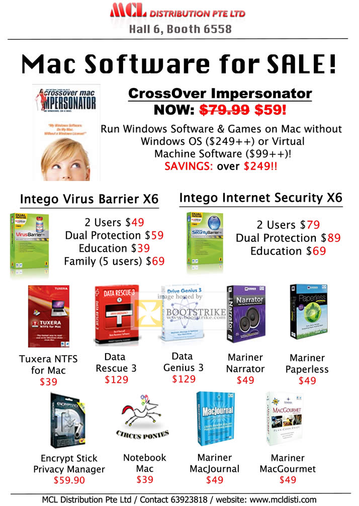 COMEX 2011 price list image brochure of MCL Apple Software CrossOver Impersonator VM Intego Virus Barrier Internet Security Tuxera NTFS Data Rescue Genius Narrator Paperless Encrypt MacJournal MacGourmet