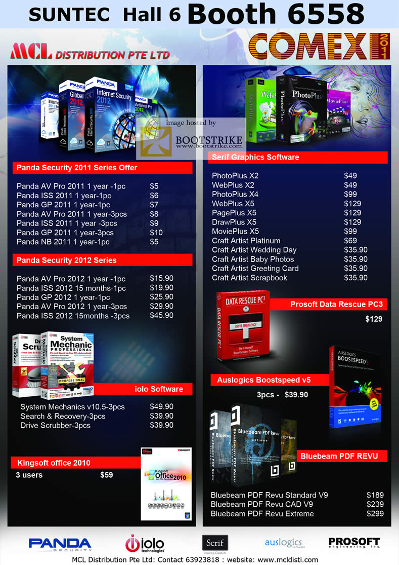 COMEX 2011 price list image brochure of MCL Software Panda Antivirus Security 2011 2012 Serif PhotoPlus WebPlus PagePlus DrawPlus Craft Artist Kingsoft Office 2010 System Mechanics Prosoft Data Rescue Boostspeed