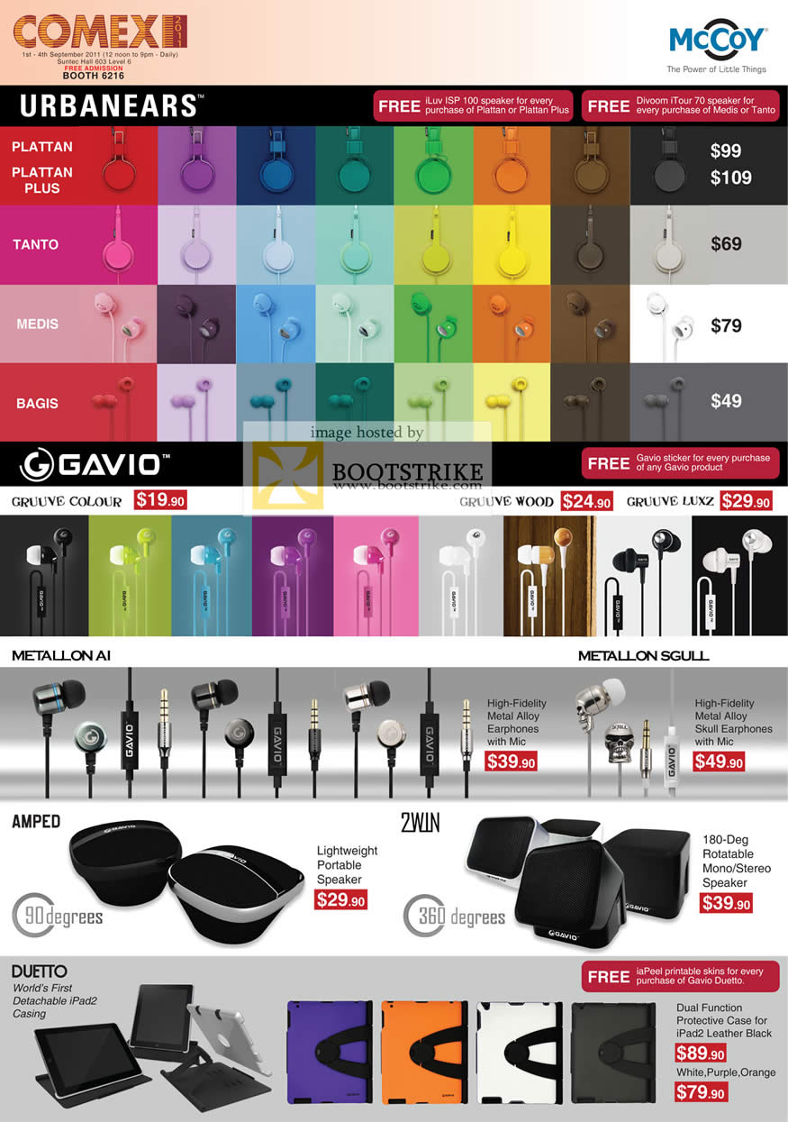 COMEX 2011 price list image brochure of Mccoy Earphones Urbanears Plattan Plus Tanto Medis Bagis Gavio Gruuve Matallon AI Sgull Amped 2win Speakers Duetto IPad2 Case