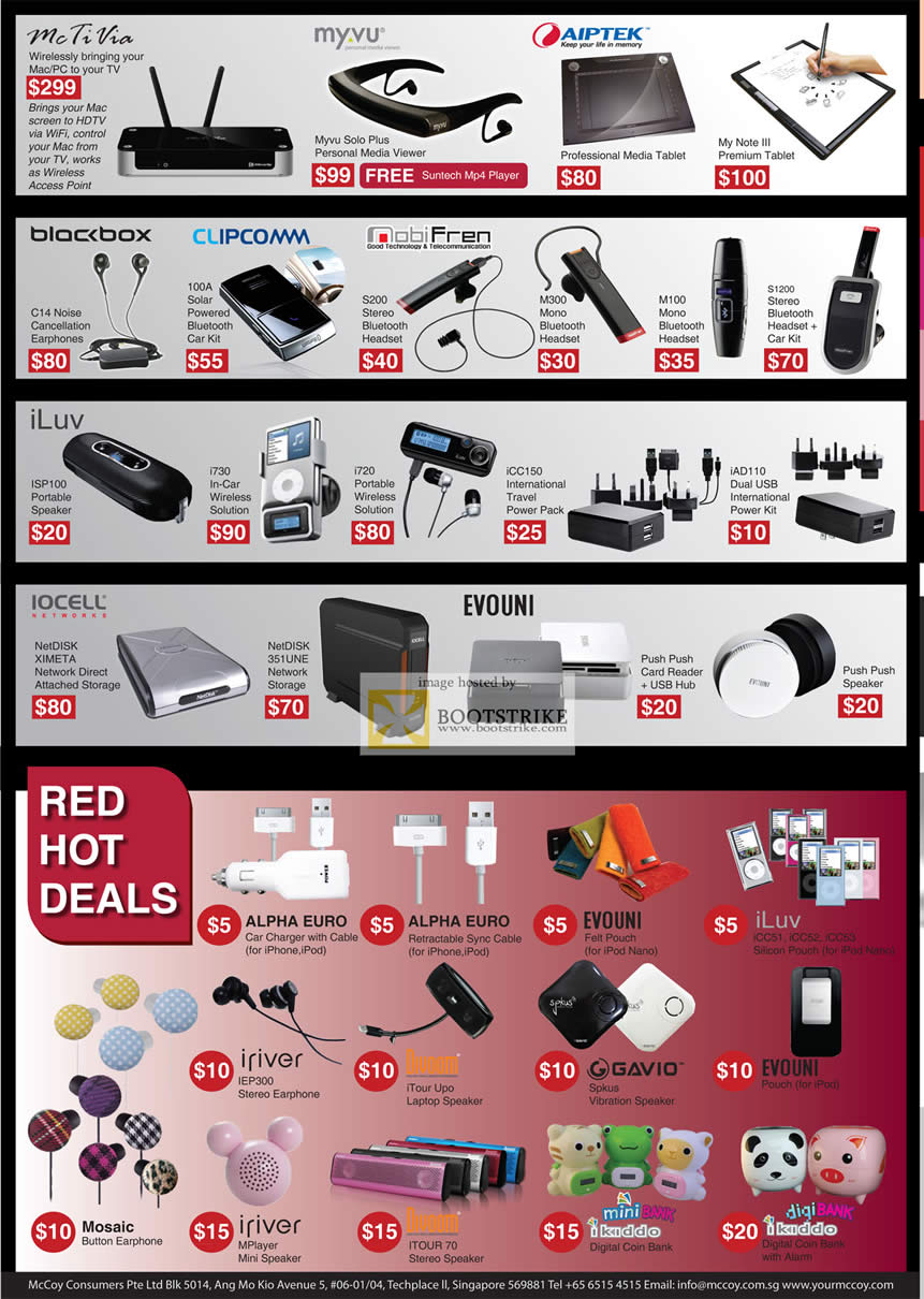 COMEX 2011 price list image brochure of Mccoy McTvVia MyVu Media Viewer Aiptek Media Tablet Blackbox Clipcomm MobiFren Bluetooth Headset ILuv Speaker Power Iocell NAS External Storage Evouni MiniBank IKiddo