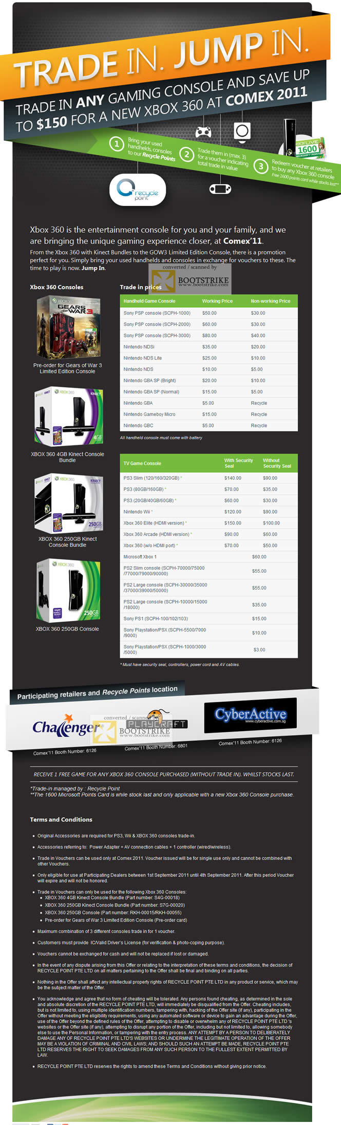 COMEX 2011 price list image brochure of Microsoft Xbox 360 Trade In Prices Live Points PS2 PS3 Slim PS1 PSX Nintendo GBA NDS NDSi Sony Gameboy