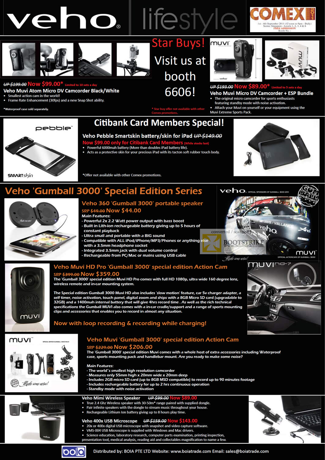 COMEX 2011 price list image brochure of Mojito Veho Muvi Atom Micro DV Camcorder ESP Pebble Battery Skin Gumball 3000 360 HD Pro Action Cam Mimi Wireless Speaker USB Microscope