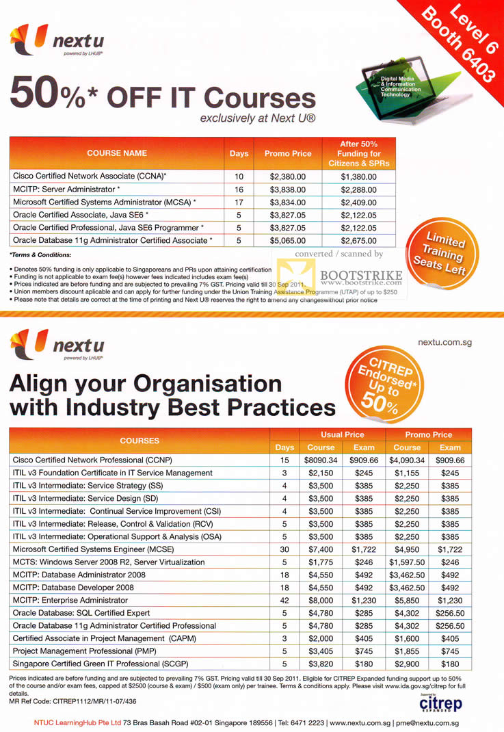 COMEX 2011 price list image brochure of NTUC Nextu Training CCNA MCITP MCSA Oracle Java Database Cisco ITIL V3 MCTS MCITP PMP SCGP CAPM