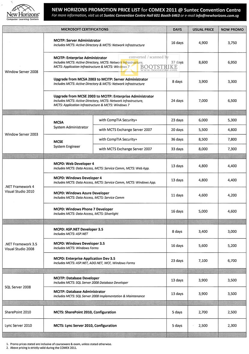 COMEX 2011 price list image brochure of New Horizon Training Microsoft MCITP MCSA MCSA MCSE MCPD Windows Azure Phone 7 Database MITP MCTS SharePoint 2010 Lync Server