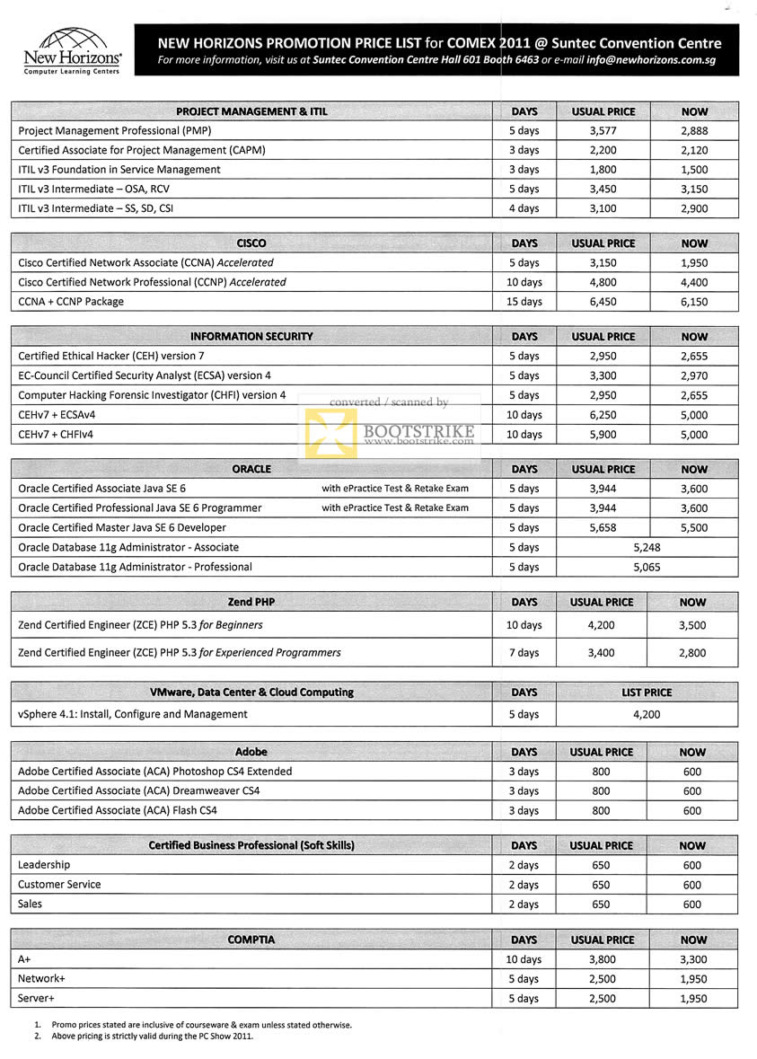 COMEX 2011 price list image brochure of New Horizon Training PMP CAPM Cisco CCNA CCNP CEH Oracle Zend PHP VMWare VSphere Adobe ACA Comptia