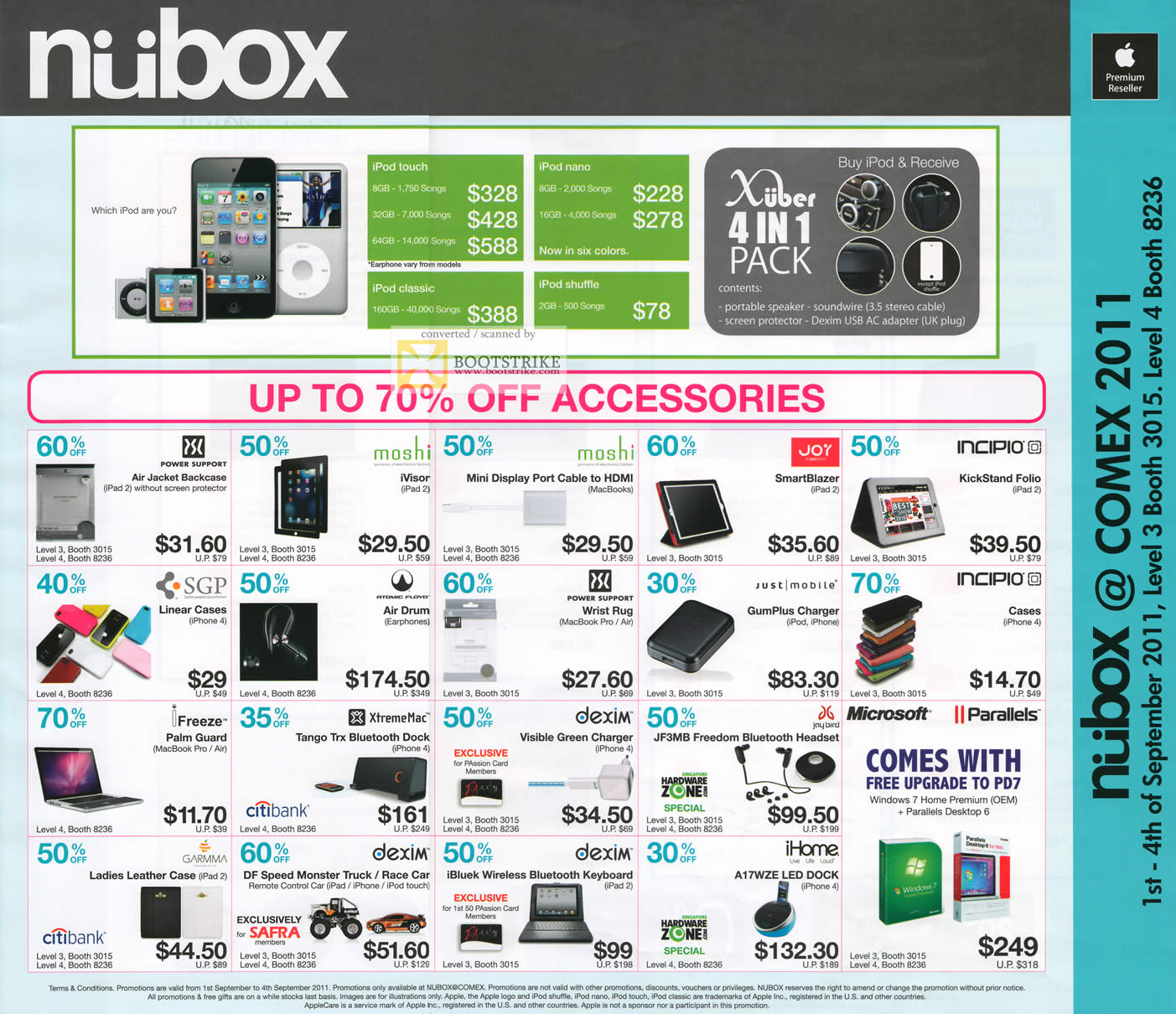 COMEX 2011 price list image brochure of Nubox Apple IPod Touch Classic Nano Shuffle Accessories Air Jacket Backcase Moshi Incipio Parallels Dexim XtremeMac Freeze Garmma IHome