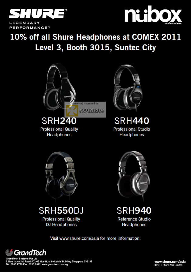 COMEX 2011 price list image brochure of Nubox GrandTech Shure Headphones Headset SRH240 SRH440 SRH550DJ SRH940