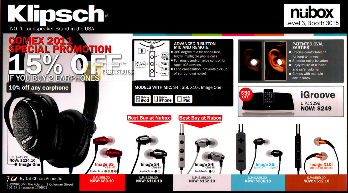 COMEX 2011 price list image brochure of Nubox Klipsch Earphones IGroove Dock Image One S3 S4 S4j S5i X10i