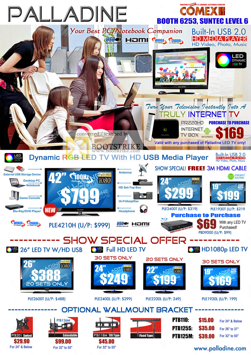 COMEX 2011 price list image brochure of Palladine TV Media Player PR220HD Internet Box LED PLE4210H PLE2400T PLE1930T PLE2600T PLE2400L PLE2200L PLE1930L Wall Mount Bracket PTB