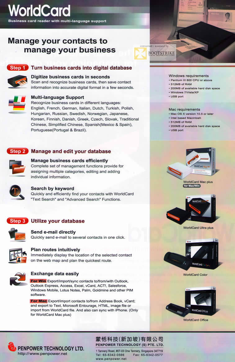 COMEX 2011 price list image brochure of Penpower WorldCard Business Card Reader Features Requirements