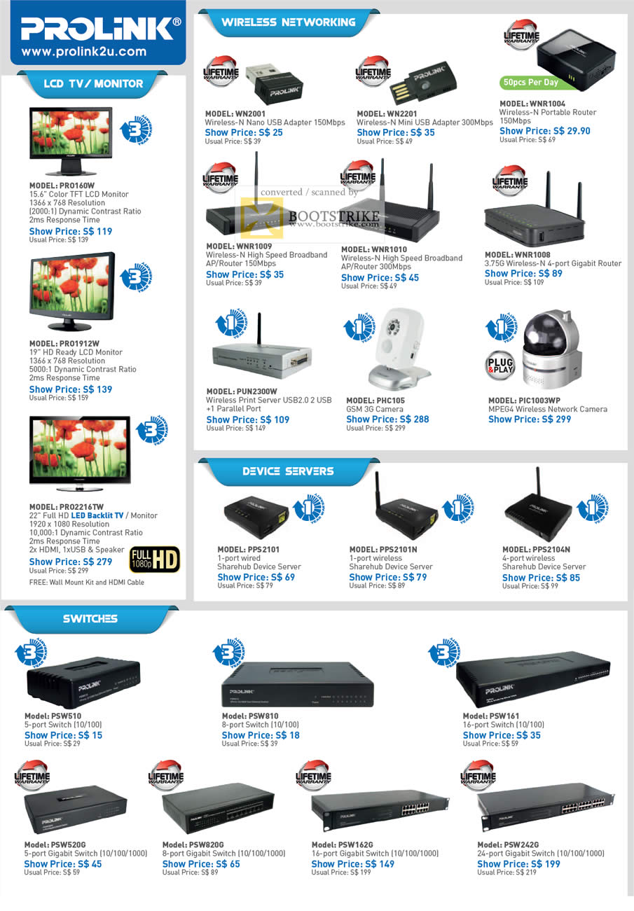 COMEX 2011 price list image brochure of Prolink LCD TV Monitors PRO160W PRO1912W PRO2216TW Routers Device Server USB Wireless Adapter IPCam 3G Print Server