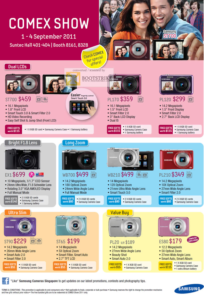 COMEX 2011 price list image brochure of Samsung Digital Cameras Dual LCDs T700 PL170 PL120 EX1 WB700 WB210 PL210 ST90 ST65 PL20 ES80