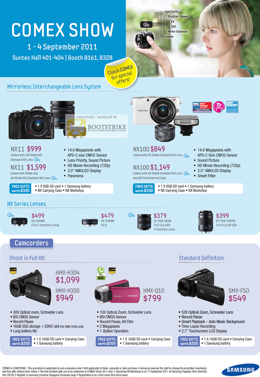 COMEX 2011 price list image brochure of Samsung Digital Cameras Mirrorless Interchangeable Lens SystemNX11 NX100 Lenses EX-S20NB EX-S30NB Video Camcorders HMX-H304 HMX-H300 HMX-Q10 SMX-F50