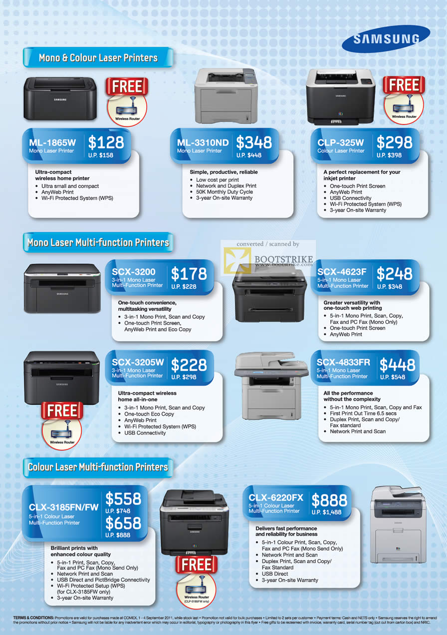 COMEX 2011 price list image brochure of Samsung Laser Printers ML-1865W ML-3310ND CLP-325W SCX-3200 SCX-4623F SCX-3205W SCX-4833FR Colour CLX-3185FN FW CLX-6220FX